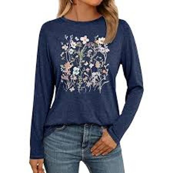 Blue Long Sleeve Wildflowers, Floral Tee Size M - Picture 1 of 6